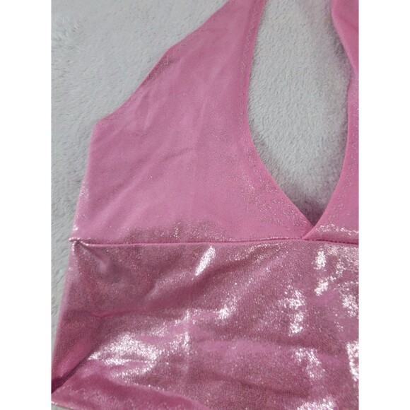 Barbie Pink Metallic Glitter Sexy Halter Crop Top Adjustable Size Small - Picture 3 of 5